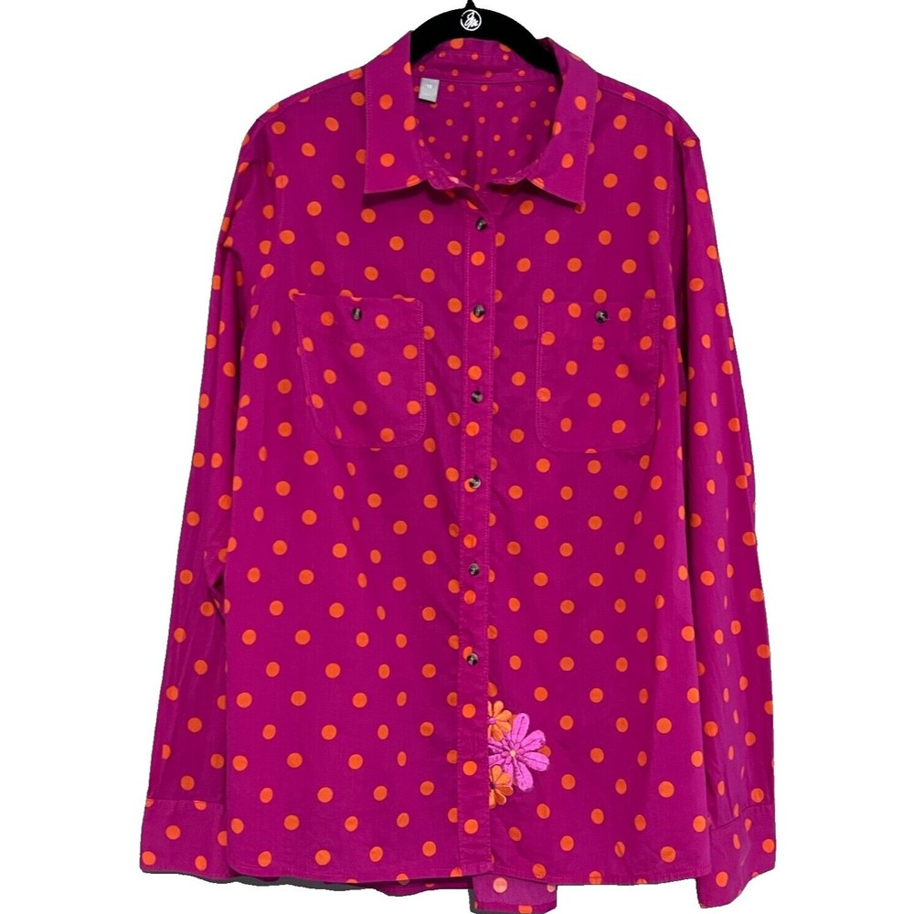 JC Penney Womens Pink & Orange Polka Dot Top w/ Floral Embroidery Button Down 1X